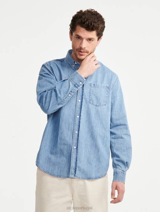 Aigle homens camisa jeans manga longa alvejante leve roupas D4DF27