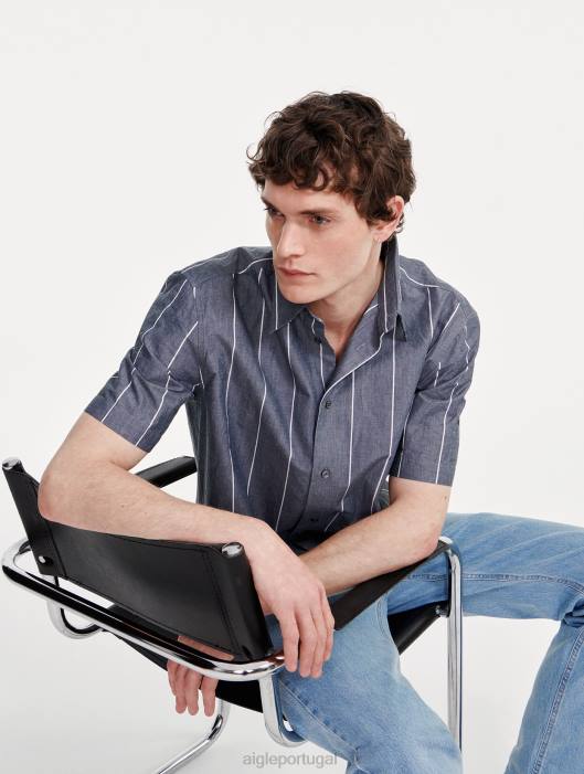 Aigle homens camisa listrada de algodão/linho manga curta império st roupas D4DF127