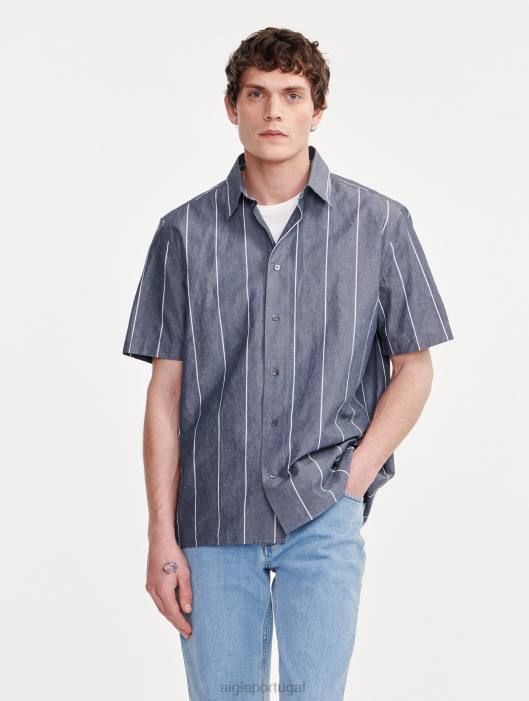 Aigle homens camisa listrada de algodão/linho manga curta império st roupas D4DF127