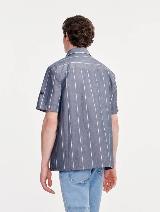 Aigle homens camisa listrada de algodão/linho manga curta império st roupas D4DF127
