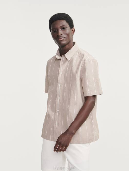 Aigle homens camisa listrada de algodão/linho manga curta vime st roupas D4DF136