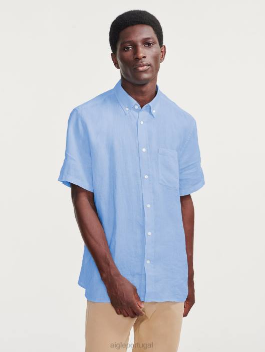 Aigle homens camisa manga curta em linho azul celeste roupas D4DF131
