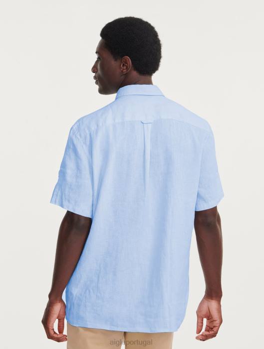 Aigle homens camisa manga curta em linho azul celeste roupas D4DF131