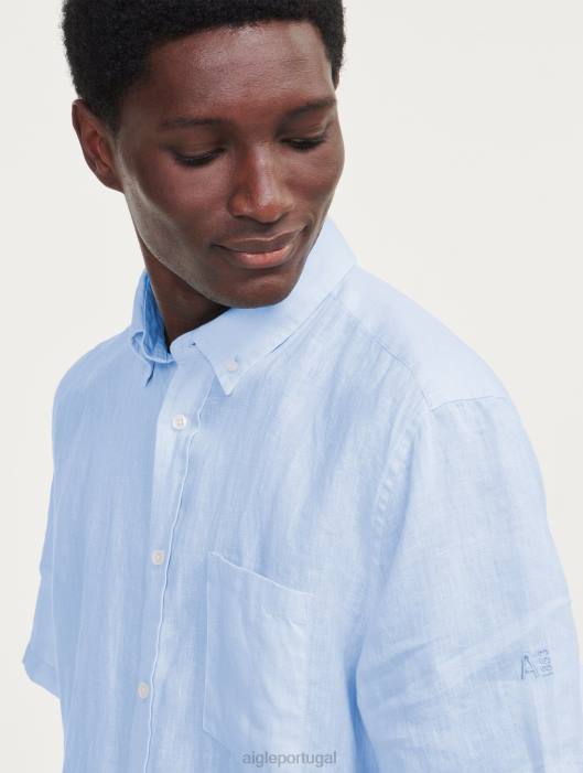 Aigle homens camisa manga curta em linho azul celeste roupas D4DF131