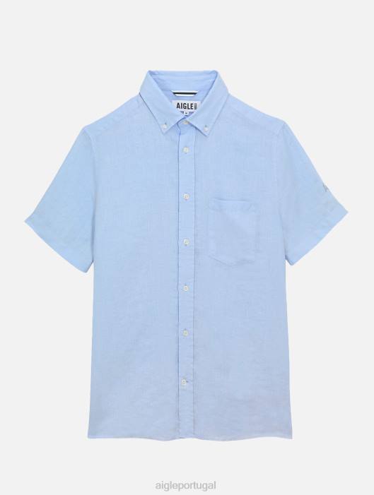 Aigle homens camisa manga curta em linho azul celeste roupas D4DF131
