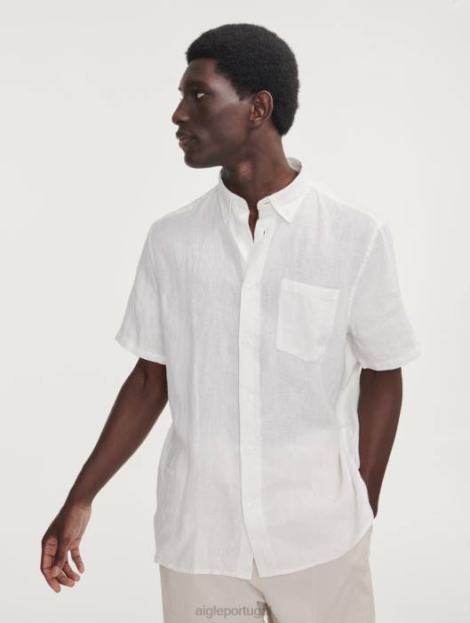 Aigle homens camisa manga curta em linho leite roupas D4DF145