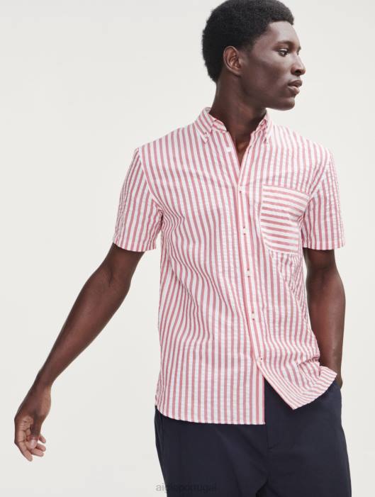 Aigle homens camisa manga curta listrada seersucker rua vermelha roupas D4DF73