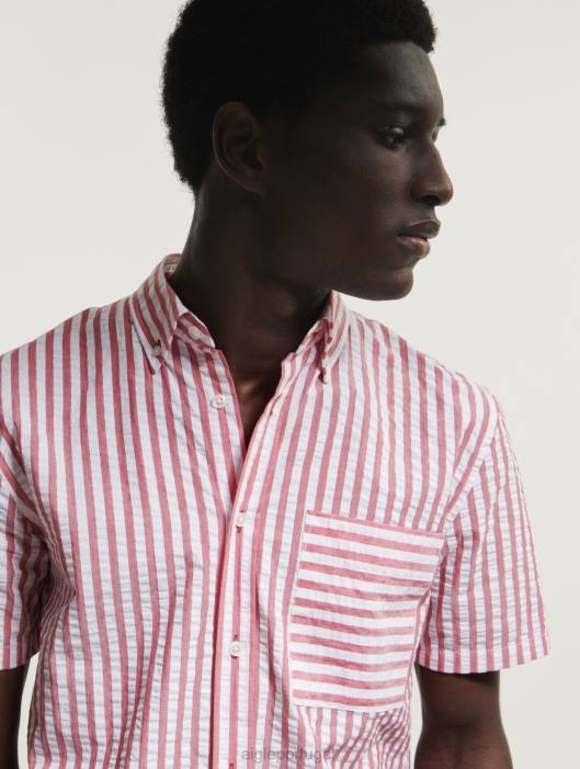 Aigle homens camisa manga curta listrada seersucker rua vermelha roupas D4DF73