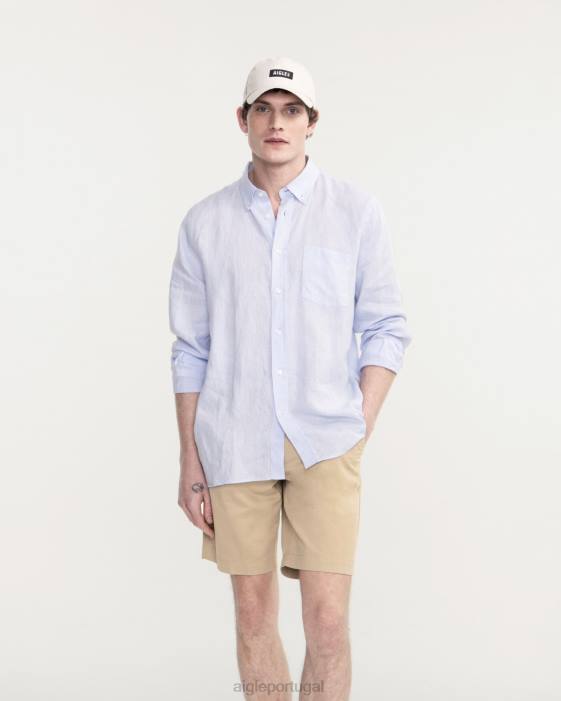 Aigle homens camisa manga longa em linho azul celeste roupas D4DF22