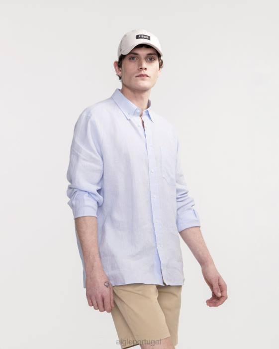 Aigle homens camisa manga longa em linho azul celeste roupas D4DF22