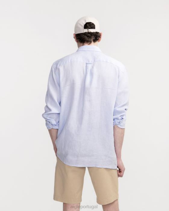Aigle homens camisa manga longa em linho azul celeste roupas D4DF22