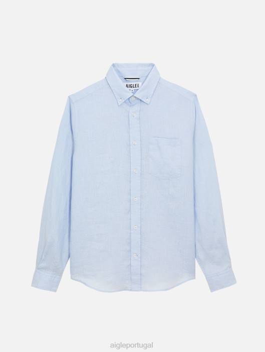 Aigle homens camisa manga longa em linho azul celeste roupas D4DF22