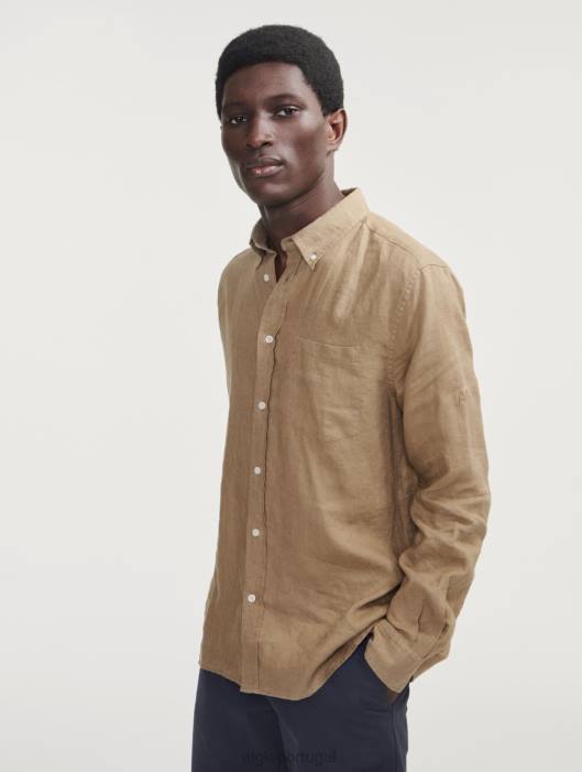 Aigle homens camisa manga longa em linho capuccino roupas D4DF66