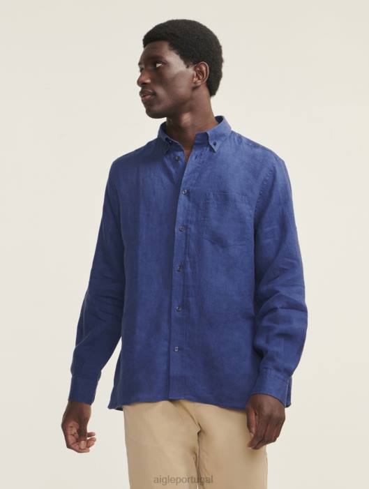 Aigle homens camisa manga longa em linho encrebleu roupas D4DF95
