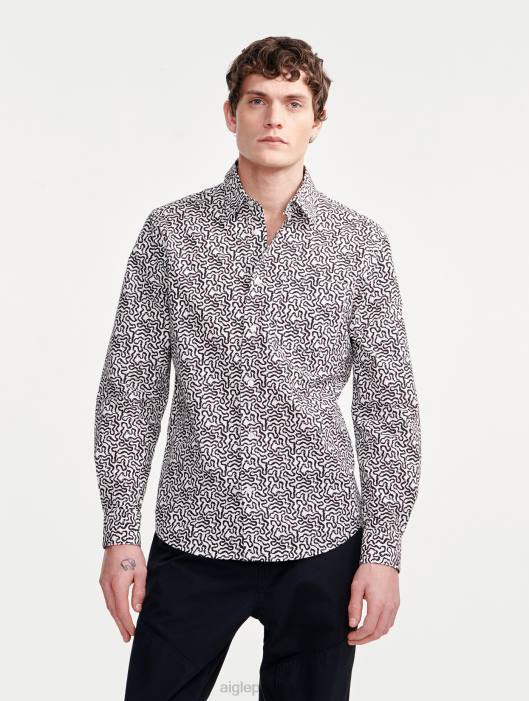 Aigle homens camisa manga longa estampada em popeline lait pr roupas D4DF58