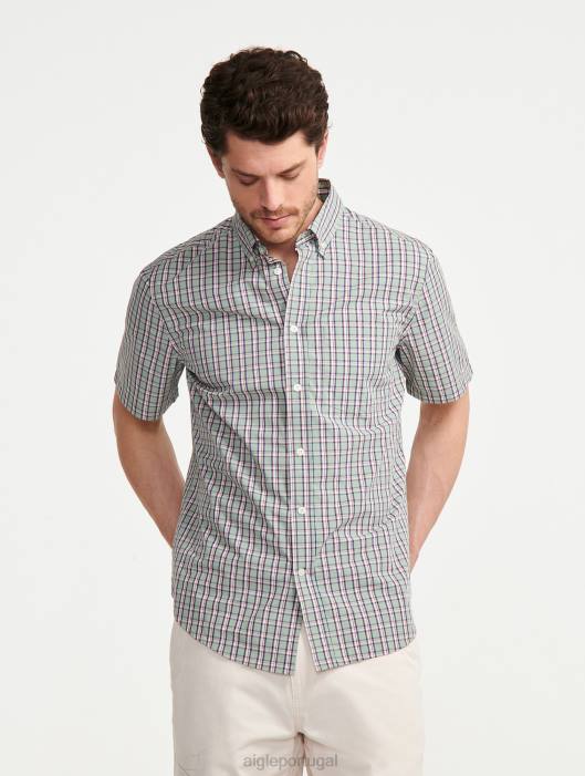 Aigle homens camisa xadrez manga curta reseda ch roupas D4DF99
