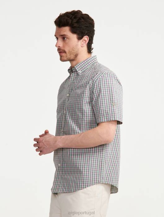 Aigle homens camisa xadrez manga curta reseda ch roupas D4DF99