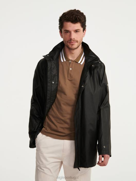 Aigle homens jaqueta revestida com capuz de comprimento médio preto roupas D4DF213