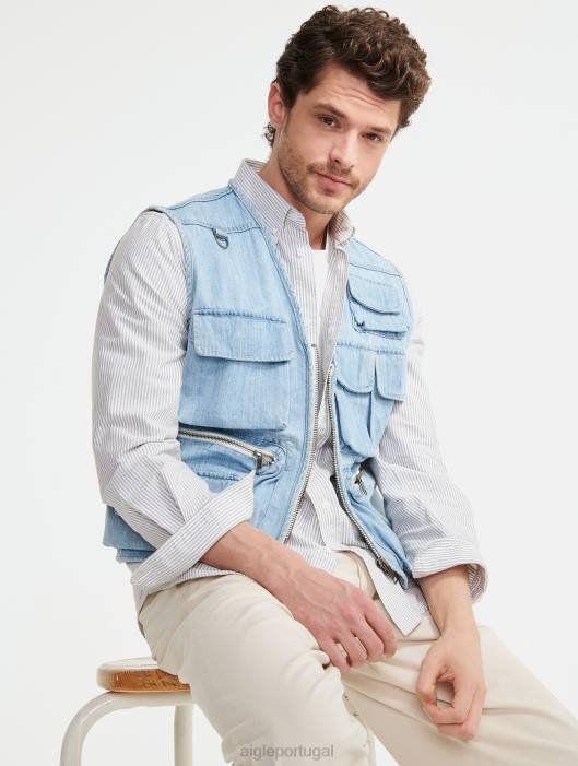 Aigle homens colete jeans curto sem mangas alvejante claro para jeans roupas D4DF188