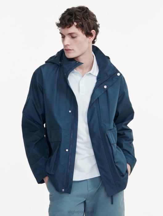 Aigle homens parka curta gore-tex com capuz destacável tempestade azul eu roupas D4DF170