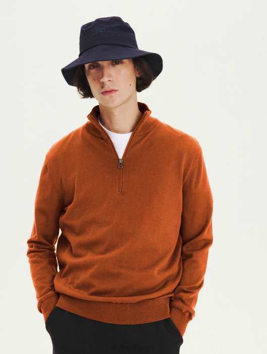 Aigle homens suéter com gola aberta e zíper feito de algodão orgânico marrom dourado roupas D4DF147
