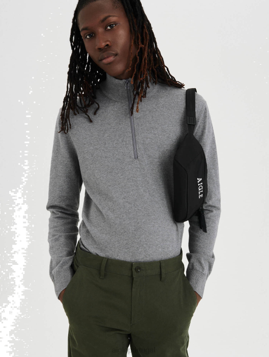 Aigle homens suéter com gola aberta e zíper feito de algodão orgânico urze cinza roupas D4DF45