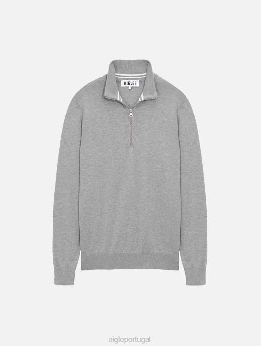 Aigle homens suéter de gola alta com meio zíper e calibre fino urze cinza roupas D4DF106