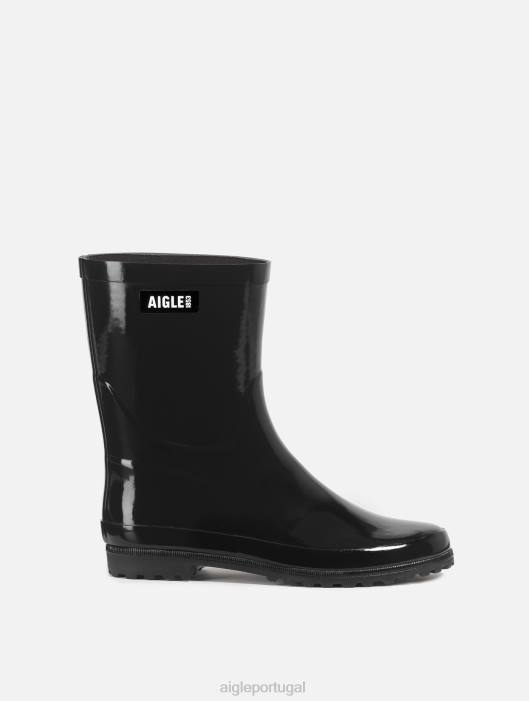 Aigle mulheres bota de chuva patenteada no tornozelo preto botas D4DF515