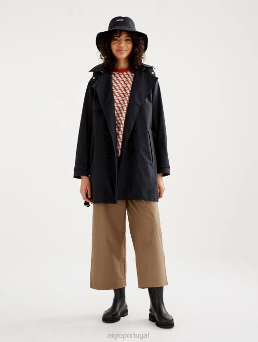 Aigle mulheres trench coat gore-tex curto com capuz destacável preto roupas D4DF463