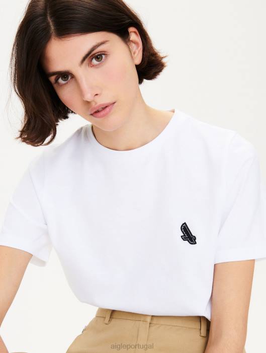 Aigle mulheres camiseta com gola redonda e emblema com logo branco roupas D4DF709