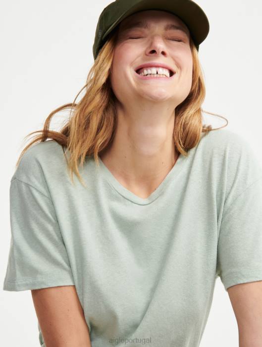 Aigle mulheres camiseta manga curta em mescla de linho reseda roupas D4DF686