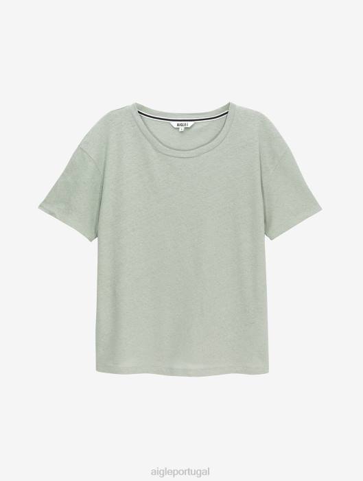 Aigle mulheres camiseta manga curta em mescla de linho reseda roupas D4DF686