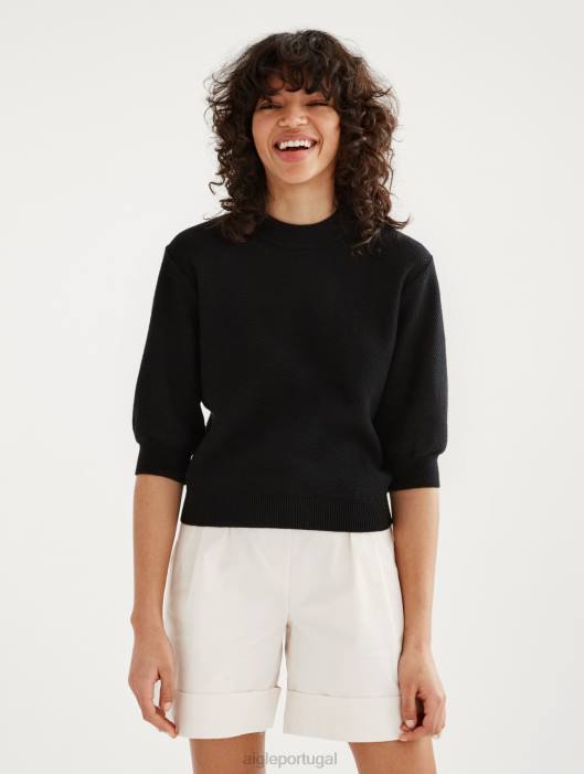 Aigle mulheres suéter de manga curta com malha decorativa preto roupas D4DF460