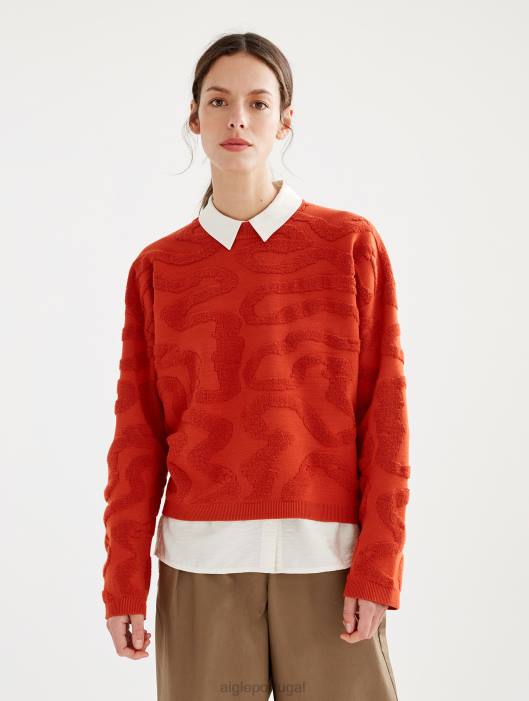 Aigle mulheres suéter gola redonda com jacquard vermiculado goji roupas D4DF532