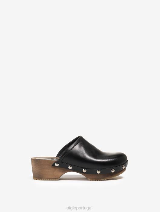 Aigle mulheres tamanco de couro e madeira preto sapato D4DF631